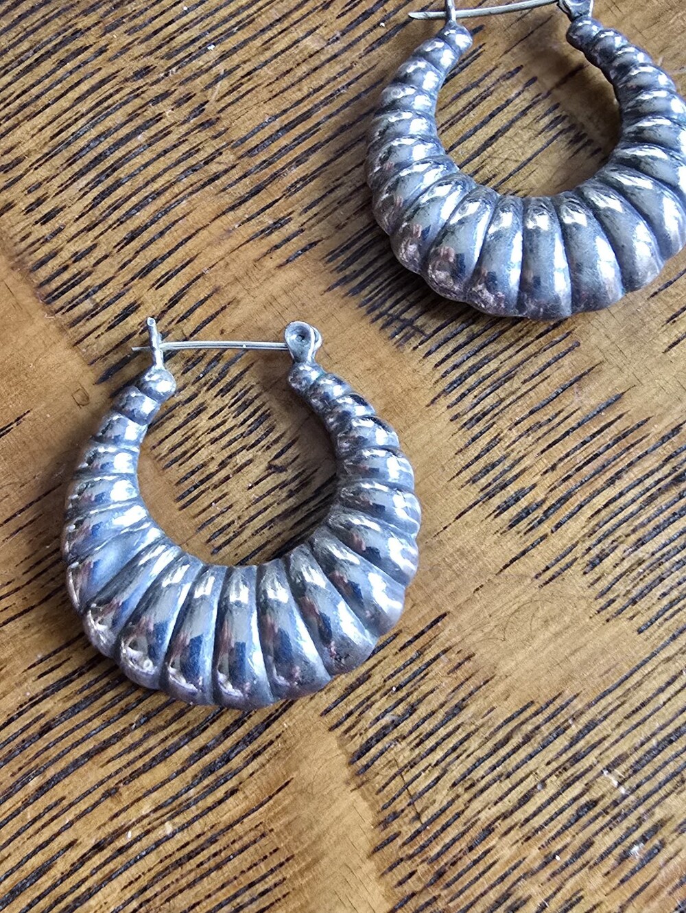 Sterling-Style Ribbed Hoop Earrings in Silver
